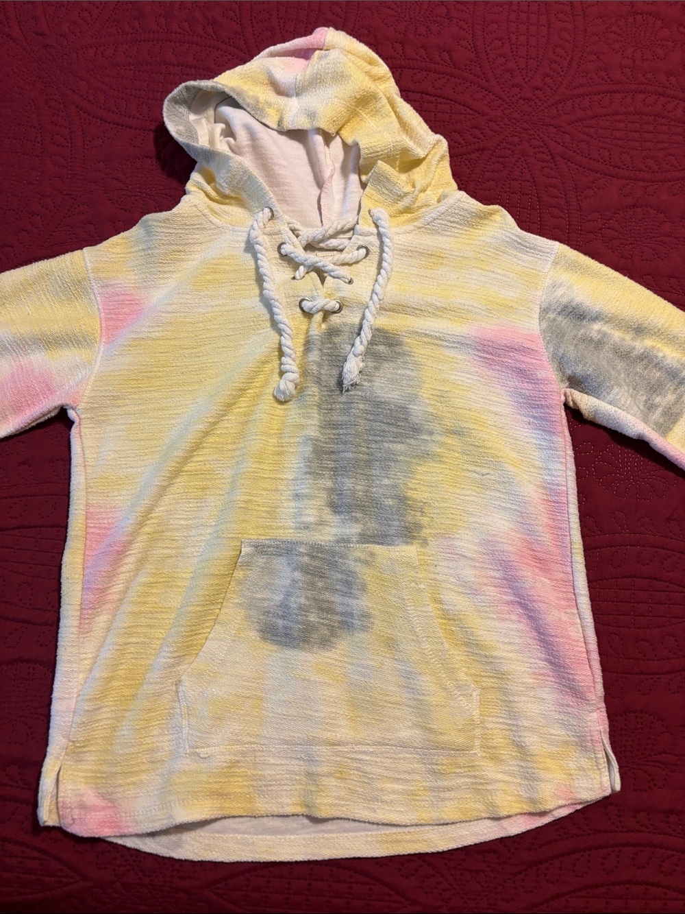 Tie-Dye Lace-Up Hoodie Pullover - Yellow, Pink & Gray